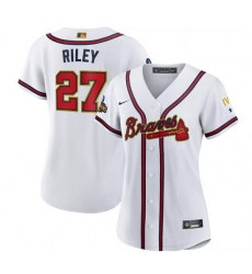 Women Atlanta Braves 27 Austin Riley 2022 White Gold World Series Champions Program Stitched Jersey Women Atlanta Braves 27 Austin Riley 2022 White Gold World Series Champions Program Stitched Jersey