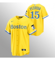 Men Boston Red Sox 15 Dustin Pedroia Men Nike 2021 City Connect Gold Fans Version MLB Jersey Men Boston Red Sox 15 Dustin Pedroia Men Nike 2021 City Connect Gold Fans Version MLB Jersey