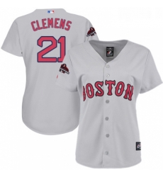 Womens Majestic Boston Red Sox 21 Roger Clemens Authentic Grey Road 2018 World Series Champions MLB Jersey