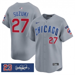 Men Chicago Cubs 27 Seiya Suzuki Gray  27Ryne Sandberg Tribute 27 Vapor Limited V3 Stitched Baseball Jersey