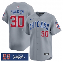 Men Chicago Cubs 30 Kyle Tucker Gray  27Ryne Sandberg Tribute 27 Vapor Limited V3 Stitched Baseball Jersey