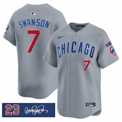 Men Chicago Cubs 7 Dansby Swanson Gray  27Ryne Sandberg Tribute 27 Vapor Limited V3 Stitched Baseball Jersey
