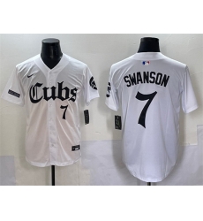 Men Chicago Cubs 7 Dansby Swanson White  27Gothic North Side Edition 27 Vapor Premier Limited Stitched Baseball Jersey