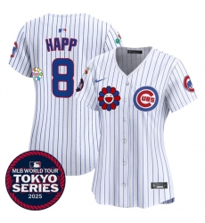 Women Chicago Cubs 8 Ian Happ White 2025 Tokyo Series Limited Stitched Baseball Jersey