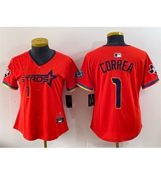 Women Houston Astros 1 Carlos Correa Orange 2025 City Connect With Texas Patch Limited Stitched Baseball Jersey
