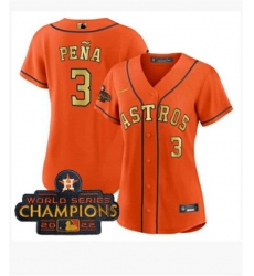 Women Houston Astros 3 Jeremy Pena Orange Gold 2022 World Series Champions Stitched Baseball Jersey