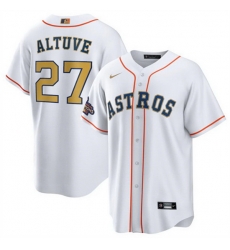 Youth Houston Astros 27 Jose Altuve White 2023 Gold Collection With World Serise Champions Patch Cool Base Stitched Baseball Jersey Youth Houston Astros 27 Jose Altuve White 2023 Gold Collection With World Serise Champions Patch Cool Base Stitched Baseball Jersey