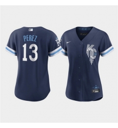 Women Kansas City Royals 13 Salvador Perez 2022 Navy City Connect Cool Base Stitched Jersey Women Kansas City Royals 13 Salvador Perez 2022 Navy City Connect Cool Base Stitched Jersey
