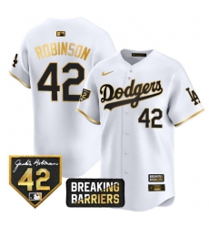 Men Brooklyn Dodgers Jackie Robinson #42 Nike White Gold Breaking Barriers Stitched Jersey Men Brooklyn Dodgers Jackie Robinson #42 Nike White Gold Breaking Barriers Stitched Jersey