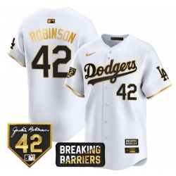 Men Brooklyn Dodgers Jackie Robinson #42 Nike White Gold Breaking Barriers Stitched Jersey