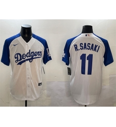 Men Los Angeles Dodgers 11 Roki Sasaki White Blue Cool Base Stitched Baseball Jersey Men Los Angeles Dodgers 11 Roki Sasaki White Blue Cool Base Stitched Baseball Jersey