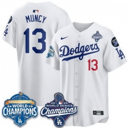 Men Los Angeles Dodgers 13 Max Muncy White 2025 World Series Champions  26 Back to Back Champions With No 34 Patch Limited Stitched Baseball Jersey