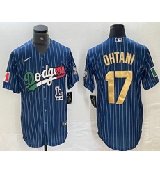 Men Los Angeles Dodgers 17 Shohei Ohtani Mexico Blue Gold Pinstripe Cool Base Stitched Jerseys Men Los Angeles Dodgers 17 Shohei Ohtani Mexico Blue Gold Pinstripe Cool Base Stitched Jerseys