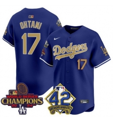 Men Los Angeles Dodgers 17 Shohei Ohtani Royal Gold 2024 World Series Champions 26 42 Jackie Robinson Patch Vapor Limited Stitched Baseball Jersey Men Los Angeles Dodgers 17 Shohei Ohtani Royal Gold 2024 World Series Champions 26 42 Jackie Robinson Patch Vapor Limited Stitched Baseball Jersey