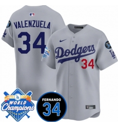 Men Los Angeles Dodgers 34 Fernando Valenzuela Grey 2024 World Champions 26 Fernando Memorial Patch Vapor Premier Limited Stitched Baseball Jersey Men Los Angeles Dodgers 34 Fernando Valenzuela Grey 2024 World Champions 26 Fernando Memorial Patch Vapor Premier Limited Stitched Baseball Jersey