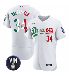 Men Los Angeles Dodgers 34 Fernando Valenzuela White Mexico Special Vin Scully Patch Flex Base Stitched Baseball Jersey