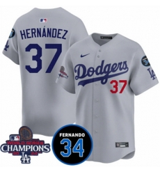 Men Los Angeles Dodgers 37 Teoscar Hernandez Gray 2024 World Series Champions With Fernando Memorial Patch Vapor Premier Limited Stitched Baseball Jersey