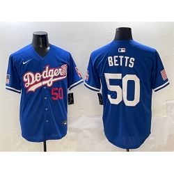 Men Los Angeles Dodgers 50 Mookie Betts Royal With American Flag Patch Limited Stitched Baseball Jersey