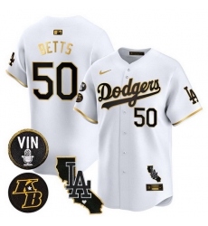 Men Los Angeles Dodgers 50 Mookie Betts White Gold 2025 Vin  26 Kobe Patch Vapor Limited V2 Stitched Baseball Jersey