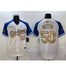 Men Los Angeles Dodgers 50 Mookie Betts White Royal Gold 2024 World Series Champions Vapor Limited Stitched Baseball Jersey