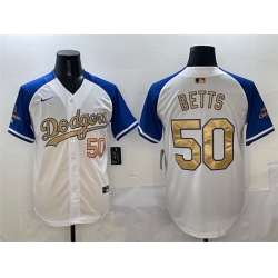 Men Los Angeles Dodgers 50 Mookie Betts White Royal Gold 2024 World Series Champions Vapor Limited Stitched Baseball Jersey
