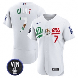 Men Los Angeles Dodgers 7 Julio Urias White Mexico Special Vin Scully Patch Flex Base Stitched Baseball Jersey
