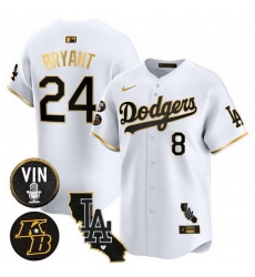 Men Los Angeles Dodgers Front 8 Back 24 Kobe Bryant White Gold 2025 Vin  26 Kobe Patch Vapor Limited V2 Stitched Baseball Jersey