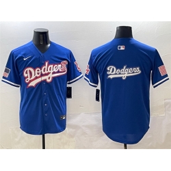 Men Los Angeles Dodgers Team Big Logo Royal With American Flag Patch Limited Stitched Baseball Jersey 1