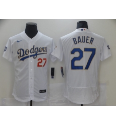 Men Los Angeles Dodgers Trevor Bauer 27 Championship Gold Trim White Limited All Stitched Flex Base Jersey Men Los Angeles Dodgers Trevor Bauer 27 Championship Gold Trim White Limited All Stitched Flex Base Jersey