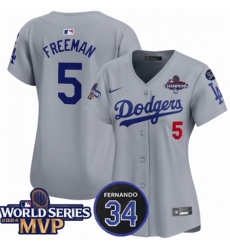 Women Los Angeles Dodgers 5 Freddie Freeman Grey 2024 World Series MVP 26 Fernando Memorial Patch Limited Stitched Baseball Jersey 28Run Small 29 Women Los Angeles Dodgers 5 Freddie Freeman Grey 2024 World Series MVP 26 Fernando Memorial Patch Limited Stitched Baseball Jersey 28Run Small 29