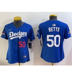 Women Los Angeles Dodgers 50 Mookie Betts Royal 2024 World Series Champions With Fernando Memorial Patch Alternate Limited Stitched Baseball Jersey 28Run S Women Los Angeles Dodgers 50 Mookie Betts Royal 2024 World Series Champions With Fernando Memorial Patch Alternate Limited Stitched Baseball Jersey 28Run S