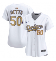 Women Los Angeles Dodgers 50 Mookie Betts White 2025 Gold Collection Limited Stitched Baseball Jersey