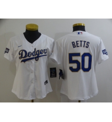 Women Los Angeles Dodgers Mookie Betts 50 Championship Gold Trim White Limited All Stitched Cool Base Jersey Women Los Angeles Dodgers Mookie Betts 50 Championship Gold Trim White Limited All Stitched Cool Base Jersey