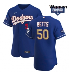 Women Los Angeles Dodgers Mookie Betts 50 Gold Program Designed Edition Blue Flex Base Stitched Jersey Women Los Angeles Dodgers Mookie Betts 50 Gold Program Designed Edition Blue Flex Base Stitched Jersey