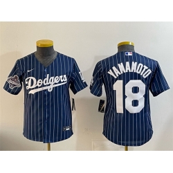 Youth Los Angeles Dodgers 18 Yoshinobu Yamamoto Navy Pinstripe 2025 World Series Champions Patch Cool Base Stitched Baseball Jersey