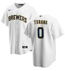 Men Milwaukee Brewers 0 Brice Turang White Cool Base Stitched Jersey Men Milwaukee Brewers 0 Brice Turang White Cool Base Stitched Jersey