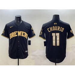 Men Milwaukee Brewers 11 Jackson Chourio Black Gold With Home Patch Limited Stitched Baseball Jersey