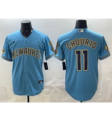 Men Milwaukee Brewers 11 Jackson Chourio Blue With Home Bob Uecker Patch Stitched Baseball Jersey Men Milwaukee Brewers 11 Jackson Chourio Blue With Home Bob Uecker Patch Stitched Baseball Jersey