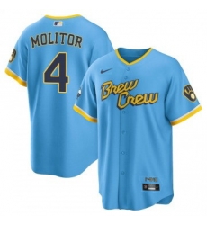 Men Milwaukee Brewers 4 Paul Molitor 2022 Powder Blue City Connect Cool Base Stitched Jersey Men Milwaukee Brewers 4 Paul Molitor 2022 Powder Blue City Connect Cool Base Stitched Jersey