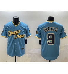 Men Milwaukee Brewers 9 Bob Uecker Powder Blue City Connect With Patch Cool Base Stitched Jersey Men Milwaukee Brewers 9 Bob Uecker Powder Blue City Connect With Patch Cool Base Stitched Jersey