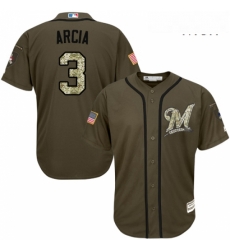 Mens Majestic Milwaukee Brewers 3 Orlando Arcia Replica Green Salute to Service MLB Jersey Mens Majestic Milwaukee Brewers 3 Orlando Arcia Replica Green Salute to Service MLB Jersey