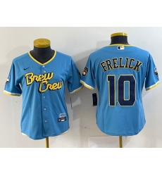 Women Milwaukee Brewers 10 Sal Frelick Powder Blue City Connect Cool Base Stitched Jersey Women Milwaukee Brewers 10 Sal Frelick Powder Blue City Connect Cool Base Stitched Jersey