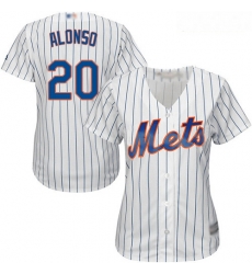 Mets #20 Pete Alonso White 28Blue Strip Home Women Stitched Baseball Jersey Mets #20 Pete Alonso White 28Blue Strip Home Women Stitched Baseball Jersey