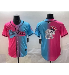 Men New York Yankees Team Big Logo Pink Blue Limited Stitched Baseball Jersey Men New York Yankees Team Big Logo Pink Blue Limited Stitched Baseball Jersey