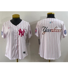 Women New York Yankees Team Big Logo White Pink Pinstripe Limited Stitched Baseball Jersey 005