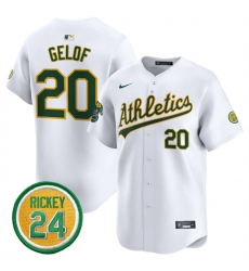 Men Oakland Athletics 20 Zack Gelof White 2024 Home Limited With Rickey Henderson Patch Stitched Jersey Men Oakland Athletics 20 Zack Gelof White 2024 Home Limited With Rickey Henderson Patch Stitched Jersey