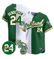 Men Oakland Athletics 24 Ricky Henderson White Green Split 2024 Limited With Patch Stitched Jersey Men Oakland Athletics 24 Ricky Henderson White Green Split 2024 Limited With Patch Stitched Jersey