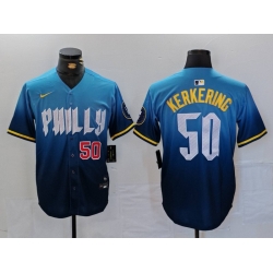 Men Philadelphia Phillies 50 Orion Kerkering Blue 2024 City Connect Limited Stitched Jersey 4