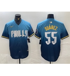 Men Philadelphia Phillies 55 Ranger Suarez Blue 2024 City Connect Limited Stitched Jersey Men Philadelphia Phillies 55 Ranger Suarez Blue 2024 City Connect Limited Stitched Jersey