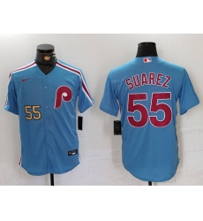 Men Philadelphia Phillies 55 Ranger Suarez Blue Cool Base Stitched Jersey 2 Men Philadelphia Phillies 55 Ranger Suarez Blue Cool Base Stitched Jersey 2